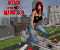 breasts giantess city mega large_breasts long_hair handheld cleavage buildings green_eyes jeans red_hair police bus parody highway pants vehicles truck straddling nail_polish top running_away hotrod5 attack_of_the_50_foot_woman firetruck digital_render mary_jane spider-man marvel_comics bare_midriff