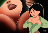 breasts drawing giantess black_hair color large_breasts long_hair cleavage sweat asian dress shrunken_men black_eyes disney looking_at_tiny mulan between_breasts kisparlius
