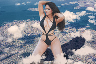 breasts giantess collage landscape giga city swimsuit destruction brunette wonderslug kneeling airplane clouds katiely_kathissumi