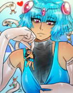 breasts drawing giantess pokemon red_eyes blue_hair captured tentacles tinies gijinka majoumegami tentacruel