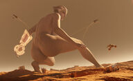 breasts giantess nude mega alien large_breasts butt destruction blue_eyes buildings angry desert spaceship blue_skin crouching digital_render mass_effect liara liara_tsoni asari env_light