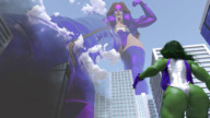 breasts city mega large_breasts long_hair butt cleavage buildings tiny gloves green_hair red_hair boots muscles shrunken_man entrapment mask avengers costume belt leotard titania green_skin looking_at_tiny digital_render she-hulk marvel_comics celton