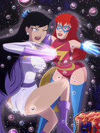 breasts drawing giantess earth giga city space black_hair color long_hair butt destruction blue_eyes crossover buildings butt_crush huge_breasts breast_crush purple_eyes goddess gloves red_hair boots crisis fighting giantesses mask universe fist costume superman lois_lane cape earrings belt leotard stars power_girl catfight reporter dc_comics cosmic_giantess mary_jane thedaibijin bare_legs ms_marvel spider-man marvel_comics eye_closed cutaway peter_parker fusion hair_pull bare_thighs multiverse omni