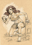 breasts drawing giantess mega color large_breasts long_hair destruction handheld barefoot bra skirt buildings giganta red_hair kneeling hand_crush ruins bracelet debris leopard_print dc_comics bare_legs bare_midriff jurithedreamer