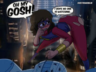 breasts drawing giantess city mega color butt robot clothed buildings brunette underwear embarrassed boots fighting mask dark_skin costume ripped_clothing bracelet dialogue bending_forward ms_marvel marvel_comics kamala_khan retrogoblin8