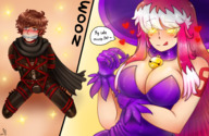 breasts drawing giantess blushing tongue pink_hair bondage witch heart shrunken_man bell on_breasts majoumegami