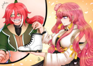 breasts drawing giantess blushing tiny pink_hair boot holding majoumegami