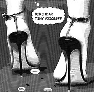 feet comic high_heels shrinking tiny shrunken_men dialogue imminent_crush noir foot_fetish conversation vintage_comics