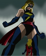breasts drawing giantess mega blonde color long_hair butt clothed gloves boots mask towering costume leotard ms_marvel marvel_comics carol_danvers avengers_earths_mightiest_heroes moonstone