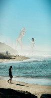 breasts giantess collage nude mega blonde black_hair long_hair butt beach water ocean multiple_sizes giantesses