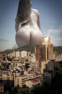 collage nude city mega black_hair long_hair butt buildings tattoo looking_away geaver