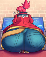 drawing giantess clothed butt_crush domination red_hair pants pinned stuck looking_back hoodie video_games thunderafterdark huge_butt human question_mark korsica chai hi_fi_rush cybernetics cybernetic_arm