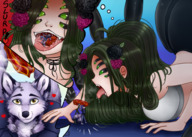 breasts drawing giantess vore furry wolf tongue mouth snack teeth saliva green_hair heart flowers spider majoumegami multi_eyes