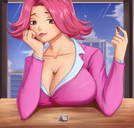 breasts drawing color large_breasts cleavage pink_hair shrunken_woman ace_attorney mia_fey maya_fey between_breasts wallywaffle april_may
