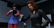 breasts black_hair color large_breasts long_hair blue_eyes gloves red_hair short_hair bondage sitting shrunken_man mask pencil avengers coffee indoors cup costume prisoner catsuit jumpsuit bracelet zipper looking_at_tiny black_widow digital_render ms_marvel interrogation marvel_comics kamala_khan celton note_pad