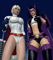 breasts giantess city mega blonde black_hair long_hair blue_eyes handheld cleavage buildings gloves short_hair boots giantesses mask costume cape belt leotard power_girl huntress digital_render dc_comics bare_legs roodedude