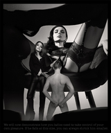 collage monochrome long_hair butt high_heels brunette stockings domination legs shrunken_man looking_down naked_man standing leather_pants lace reddrop7