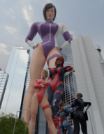 breasts giantess city mega blonde black_hair large_breasts long_hair butt buildings green_eyes brunette multiple_sizes brown_eyes gloves asian red_hair ponytail boots giantesses leaning_against_building costume giant_girl leotard hands_on_hips looking_at_tiny digital_render gwen_stacy mary_jane bare_legs spider-man marvel_comics earth_20052 ci0 yuri_watanabe giant_woman_squad abi