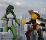 breasts giantess city mega blonde large_breasts long_hair clothed buildings gloves green_hair boots shadow fighting giantesses mask costume leotard hotrod5 green_skin digital_render sash she-hulk bare_legs ms_marvel marvel_comics carol_danvers