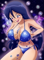 bikini breasts drawing growth giantess giga space black_hair color long_hair cleavage bra huge_breasts breast_crush purple_eyes goddess smiling asian galaxy universe totally_spies britney cosmic_giantess thedaibijin bare_legs bare_midriff multiverse omni