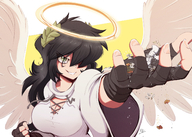 drawing giantess wings angel black_hair large_breasts clothed handheld cleavage tiny domination smiling gloves cruel falling halo chest tunic raps