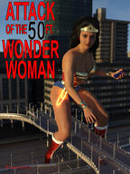 city mega black_hair large_breasts blue_eyes handheld cleavage buildings boots parody highway vehicles poster straddling wonder_woman earrings leotard bracelet tiara lasso attack_of_the_50_foot_woman digital_render dc_comics tlameteotl