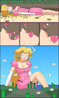 breasts drawing growth giantess mega blonde comic color large_breasts long_hair beach cleavage mario princess_peach ocean princess gloves dress lying_down mushroom yoshi super_mario earrings ropes spears on_breasts bare_legs nightcore100 mega_mushroom toad_(super_mario)
