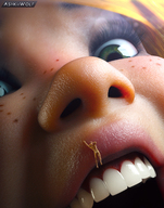giantess mega comic mouth teeth lips kissing shrunken_man dangle freckles stuck digital_render up_close opal ashkiiwolf