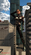 breasts giantess city mega large_breasts blue_eyes buildings brunette gloves ponytail boots costume digital_render marvel_comics hope_van_dyne the_wasp tlameteotl