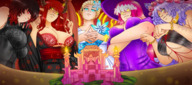 drawing giga horns blonde long_hair clothed cleavage castle pink_hair red_hair dress looking_down women hat majoumegami