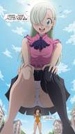 breasts drawing gentle giantess panties upskirt blonde color long_hair clothed skirt stockings multiple_sizes lioness looking_down giantesses crouching leotard seven_deadly_sins elizabeth_liones diane