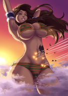 bikini breasts drawing giantess mega color long_hair cleavage bra huge_breasts brunette military brown_eyes airplane clouds outdoors tattoo missiles looking_at_tiny bare_legs zerohour99 bare_midriff