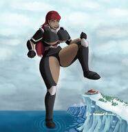 breasts drawing giga mega color large_breasts long_hair armor blue_eyes rampage ocean buildings giganta gloves red_hair ponytail boots foot_crush snow ice imminent_crush dc_comics svenyatta