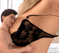 breasts gentle blonde long_hair bra shrunken_man hugging digital_render up_close juliusromanize snuggling