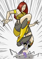 breasts drawing giantess mega black_hair color long_hair cleavage brown_eyes giganta gloves asian red_hair boots foot_crush shorts costume lois_lane closed_eyes cape top belt leotard power_girl linda_park reporter leopard_print inspector97 dc_comics bare_legs bare_midriff fusion