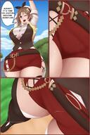 giantess mega shorts dialogue wide_hips thick_thighs speech_bubble human atelier_ryza reisalin_stout little_punk_(nightingale122)