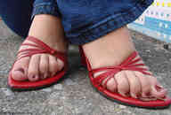 feet high_heels jeans sandals pinned outdoors red_nails under_toes msku red_high_heels