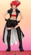 drawing color cleavage gloves red_hair boots muscles pink_eyes abs shrunken_man looking_down leather jacket necklace bare_midriff majoumegami lynda