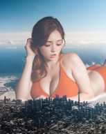 bikini collage city mega large_breasts cleavage asian red_hair looking_down skyscraper stan110