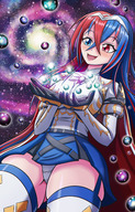 drawing giantess panties giga upskirt space color blue_eyes clothed red_eyes blue_hair smiling gloves red_hair planets universe thighs fire_emblem thedaibijin human omni alear fire_emblem_engage