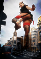 giantess collage city upskirt buildings soles street short_hair pigtails fishnets giantess_katelyn looking_down hat thigh_highs