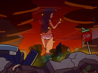 drawing giantess city mega black_hair color long_hair butt destruction rampage angry blood military shorts airplane explosion fighting top ripped_clothing annoyed behind_view debris bare_legs bare_midriff megamaliit lia
