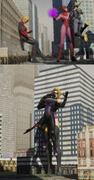 breasts giantess city mega blonde comic large_breasts long_hair butt armor buildings brunette gloves ponytail boots fighting giantesses mask avengers magic costume leotard tiara helmet digital_render janet_van_dyne cassie_lang stature ms_marvel marvel_comics scarlet_witch the_wasp stinger a0040pc carol_danvers ci0