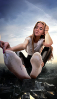 giantess collage city mega long_hair smiling socks sitting black_pants purple_nails removing_socks cross1917