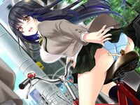 drawing city upskirt black_hair color long_hair butt butt_crush sitting uniform shrunken_man seat blue_panties orange_eyes looking_back bike under_ass akagi_rio