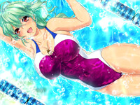 drawing color swimsuit cleavage water wet green_hair pool shrunken_man orange_eyes bangs akagi_rio cleavage_held