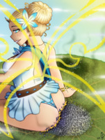 drawing crush giga wings city blonde color blue_eyes butt_crush fairy goddess smiling dress freckles earrings bracelet bun majoumegami
