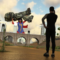 giantess city mega black_hair robot bridge clothed handheld buildings glasses phone fighting mask avengers dark_skin costume mech scarf digital_render ms_marvel onlooker marvel_comics kamala_khan anttiergod