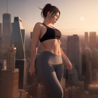 giantess city brunette ponytail skyscraper standing pants sunset sports_bra bangs bare_midriff ai_art lordgts