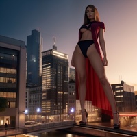 bikini giantess city high_heels brunette legs standing red_lips sunset ai_art lordgts